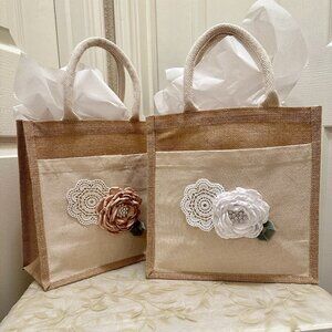 BUNDLE (2) Flower Girl Rustic Chic Burlap Barn Wedding Bags With A Satin Rose